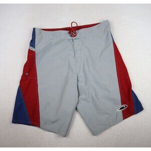 NO BOUNDARIES - MEN'S GRAY RED BLUE PRINT BOARD SHORTS SWIM BOTTOM - SIZE 36